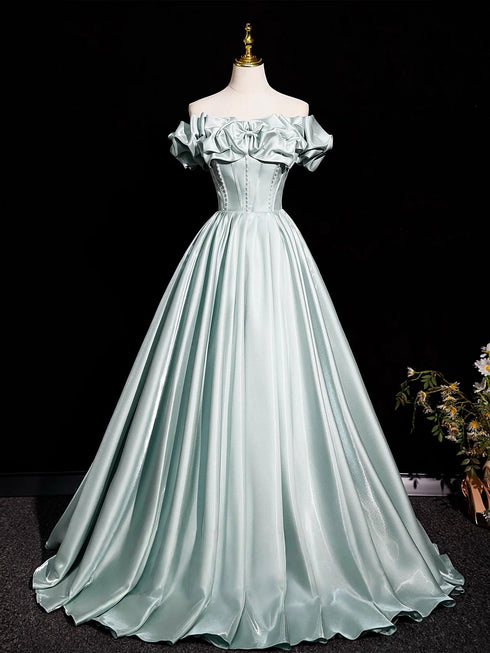 Green Satin Off Shoulder A-line Floor Length Party Dress, Green Satin Off Shoulder Prom Dress